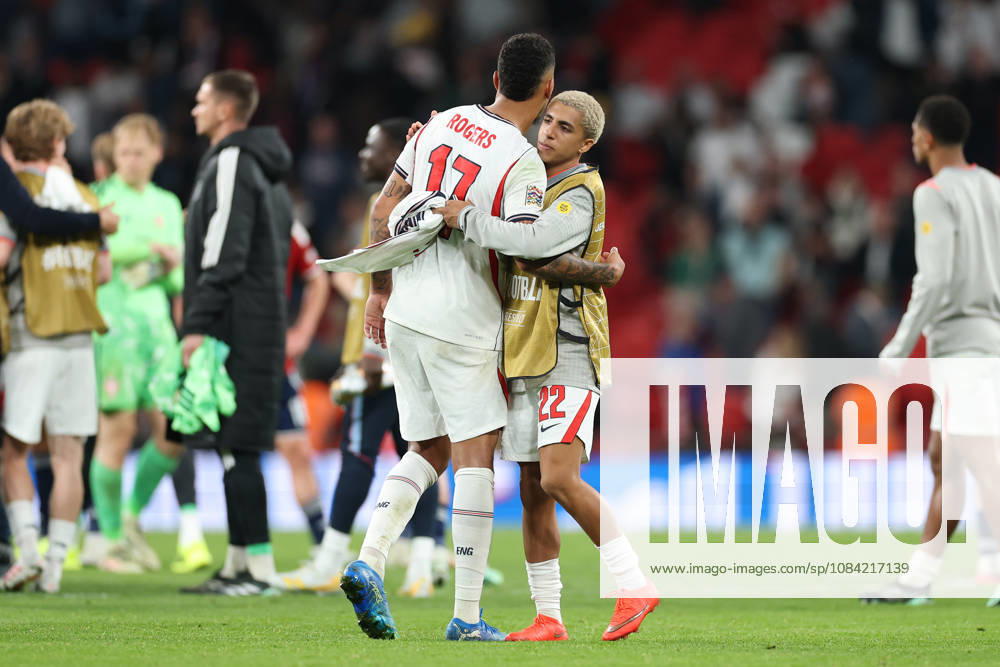 England v Czech Republic, UEFA Nations League Morgan Rogers hugs Rico Lewis of England after the England v Czech Republic UEFA Nations League Group 3 match at Wembley Stadium, London, England on 6 October 2026 Credit: Tiego Grenho Every Second Media Editorial use only. All images are copyright Every Second Media Limited. No images may be reproduced without prior permission.