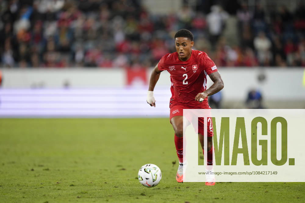 Sascha Britschgi (2 SUI) in action with the ball during the UEFA Nations League match between Switzerland and North Macedonia at thermoplan arena on October 06, 2026 in Luzern, Switzerland.