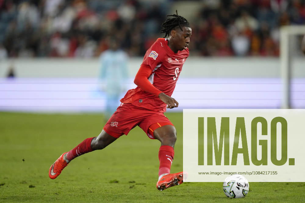 Johan Manzambi (9 SUI) in action with the ball during the UEFA Nations League match between Switzerland and North Macedonia at thermoplan arena on October 06, 2026 in Luzern, Switzerland.