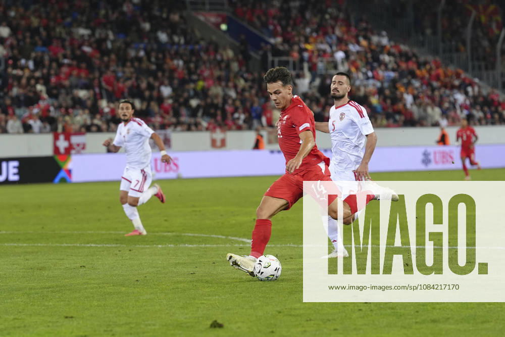 Ardon Jashari (14 SUI) in action during the UEFA Nations League match between Switzerland and North Macedonia at thermoplan arena on October 06, 2026 in Luzern, Switzerland.