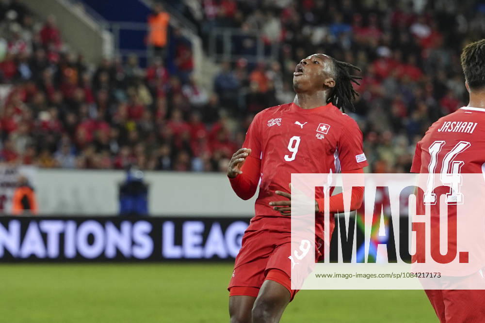 Johan Manzambi (9 SUI) after a good chance during the UEFA Nations League match between Switzerland and North Macedonia at thermoplan arena on October 06, 2026 in Luzern, Switzerland.