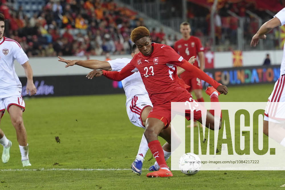 Alvyn Antonio Sanches (23 SUI) shoots the ball during the UEFA Nations League match between Switzerland and North Macedonia at thermoplan arena on October 06, 2026 in Luzern, Switzerland.