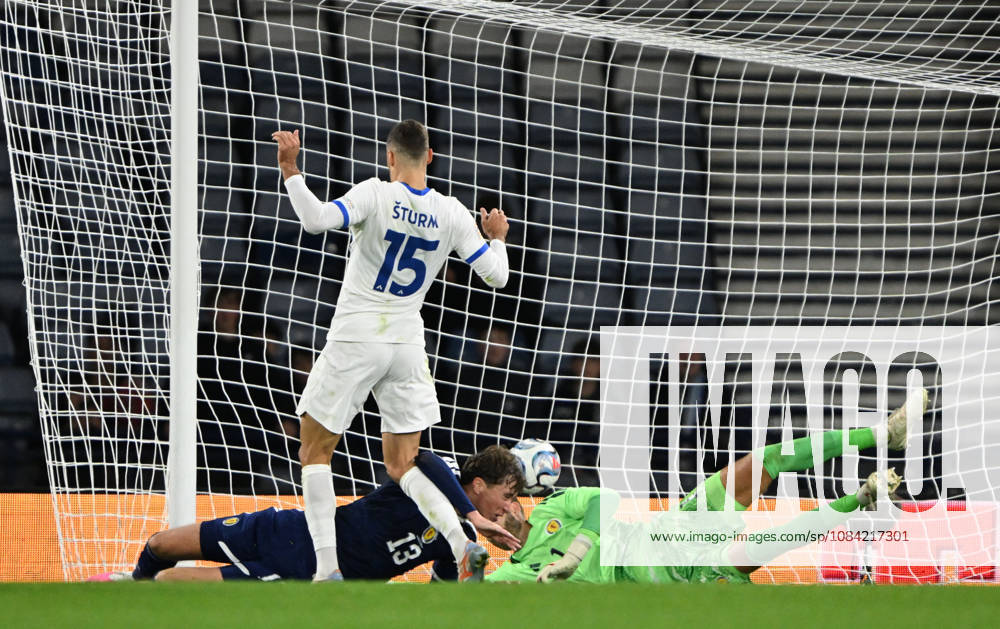 Glasgow, Scotland, 6th October 2026. Danijel Strum of Slovenia scores his sides 2nd goal during the Scotland vs Slovenia UEFA Nations League match at Hampden Park, Glasgow. Picture credit should read: Neil Hanna Sportimage . SPI_043_NH_Scotland_Slovenia SPI-5054-0043