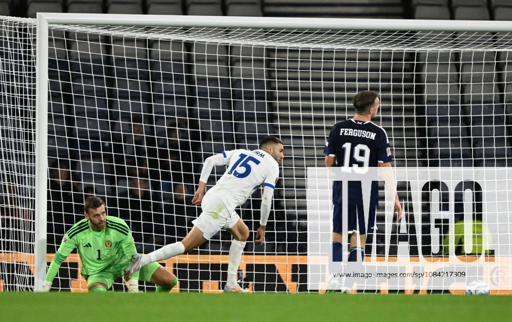 Glasgow, Scotland, 6th October 2026. Danijel Strum of Slovenia scores his sides 2nd goal during the Scotland vs Slovenia UEFA Nations League match at Hampden Park, Glasgow. Picture credit should read: Neil Hanna Sportimage . SPI_046_NH_Scotland_Slovenia SPI-5054-0046