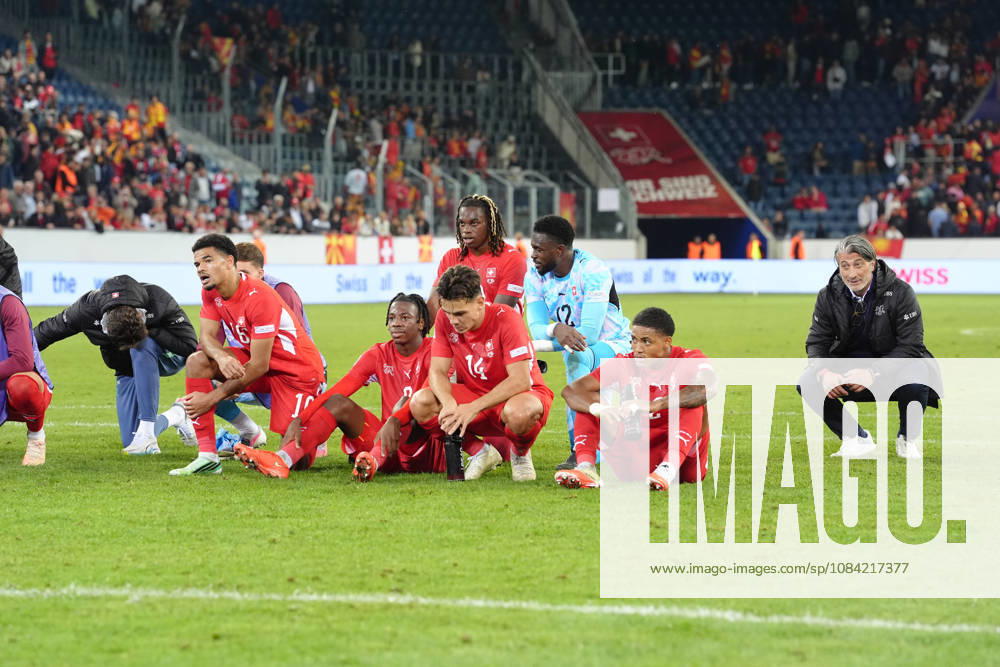 Zachary Athekame (16 SUI), Sascha Britschgi (2 SUI), Johan Manzambi (9 SUI), Ardon Jashari (14 SUI), Winsley Boteli Mokango (19 SUI), Head Coach Murat Yakin (SUI) and Yvon Landry Mvogo Nganoma (Goalkeeper 12 SUI) in front of the fans after winning the UEFA Nations League match between Switzerland and North Macedonia at thermoplan arena on October 06, 2026 in Luzern, Switzerland.