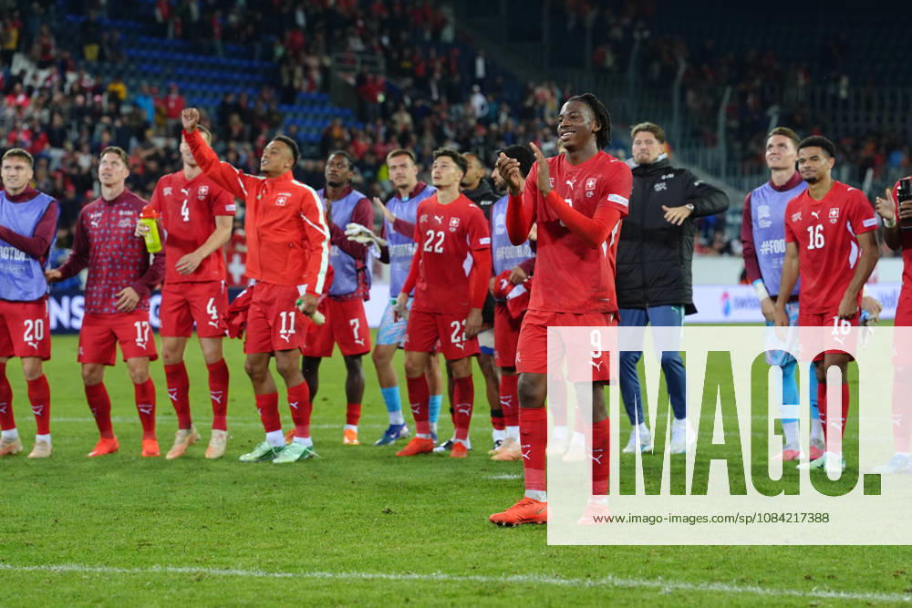 Johan Manzambi (9 SUI), Zachary Athekame (16 SUI), Marvin Keller (Goalkeeper 21 SUI), Michel Aebischer (20 SUI), Cedric Itten (17 SUI), Dan Ndoye (11 SUI), Fabian Rieder (22 SUI), Anthony Racioppi (Goalkeeper 1 SUI) and Joel Almada Monteiro (7 SUI) in front of the fans after winning the UEFA Nations League match between Switzerland and North Macedonia at thermoplan arena on October 06, 2026 in Luzern, Switzerland.