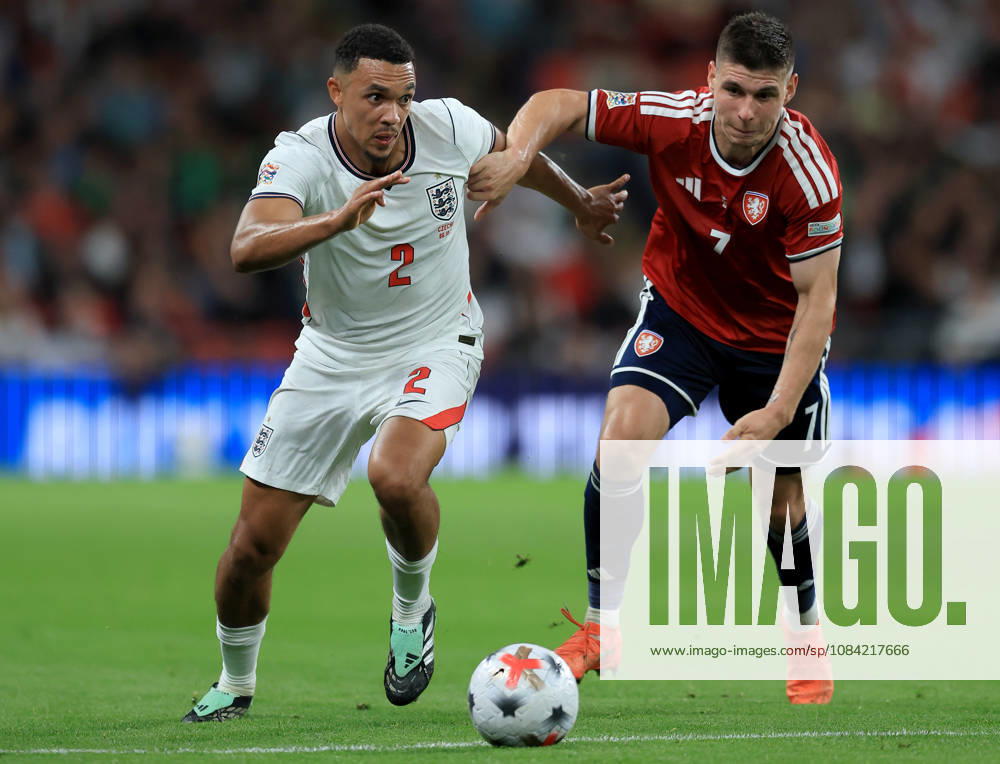 England v Czechia - UEFA Nations League 2026 27 Group A3 MD4 Trent Alexander-Arnold and Jiri Slama of Czechia challenge during the UEFA Nations League 2026 27 group phase match between England and Czechia at Wembley Stadium on October 6, 2026 in London, England. London Wembley Stadium England United Kingdom