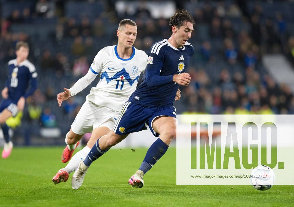 UK: Scotland v Slovenia, UEFA Nations League at Barclays Hampden, Glasgow, Scotland on 06 October 2026: Pictured: Zan Celar (Slovenia) and Luis Binks (Scotland) Glasgow Barclays Hampden Scotland