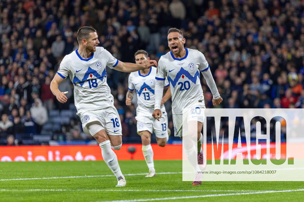 6th October 2026; Hampden Park, Glasgow, Scotland; UEFA Nations League Football, Scotland versus Slovenia; Aljosa Matko of Slovenia celebrates after he shoots and scores in the 56th minute to make it 1-1 VagelisxGeorgariou