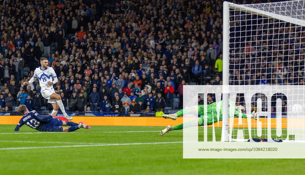 6th October 2026; Hampden Park, Glasgow, Scotland; UEFA Nations League Football, Scotland versus Slovenia; Danijel Sturm of Slovenia shoots and scores in the 71st minute to make it 2-1 to Slovenia VagelisxGeorgariou