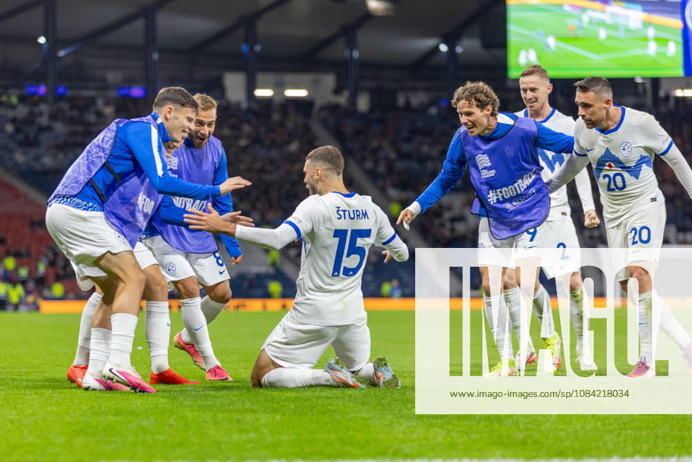 6th October 2026; Hampden Park, Glasgow, Scotland; UEFA Nations League Football, Scotland versus Slovenia; Danijel Sturm of Slovenia celebrates after he shoots and scores in the 71st minute to make it 2-1 to Slovenia VagelisxGeorgariou