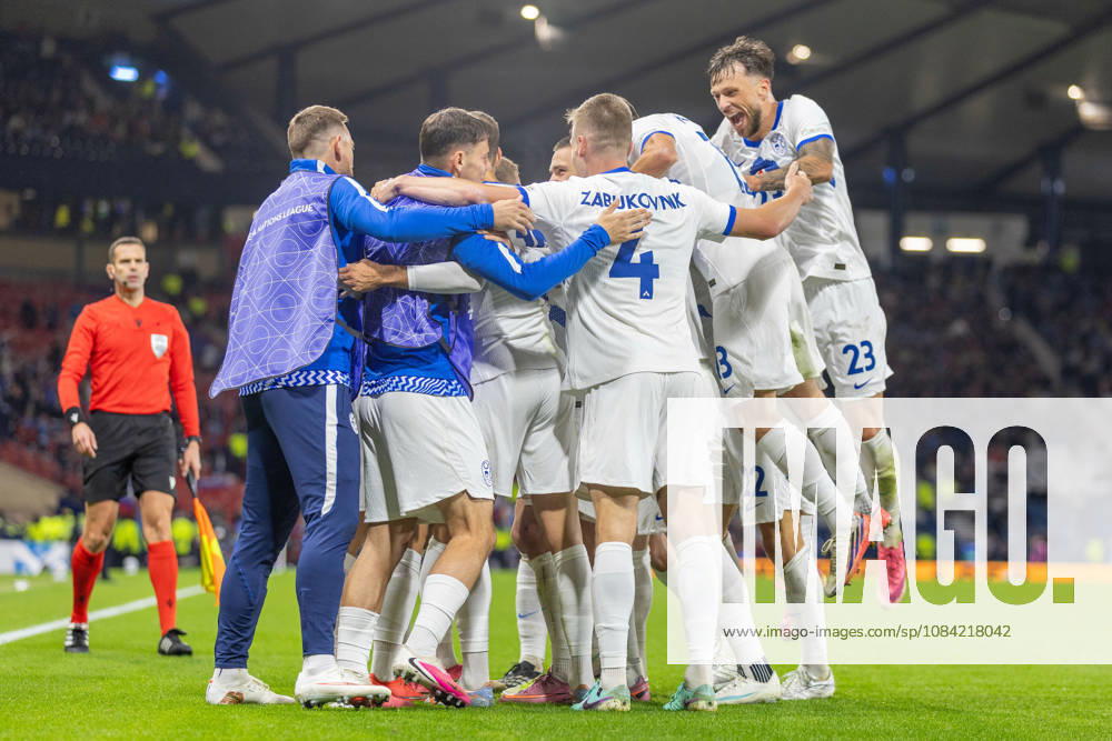 6th October 2026; Hampden Park, Glasgow, Scotland; UEFA Nations League Football, Scotland versus Slovenia; Danijel Sturm of Slovenia celebrates with his team mates after he shoots and scores in the 71st minute to make it 2-1 to Slovenia VagelisxGeorgariou