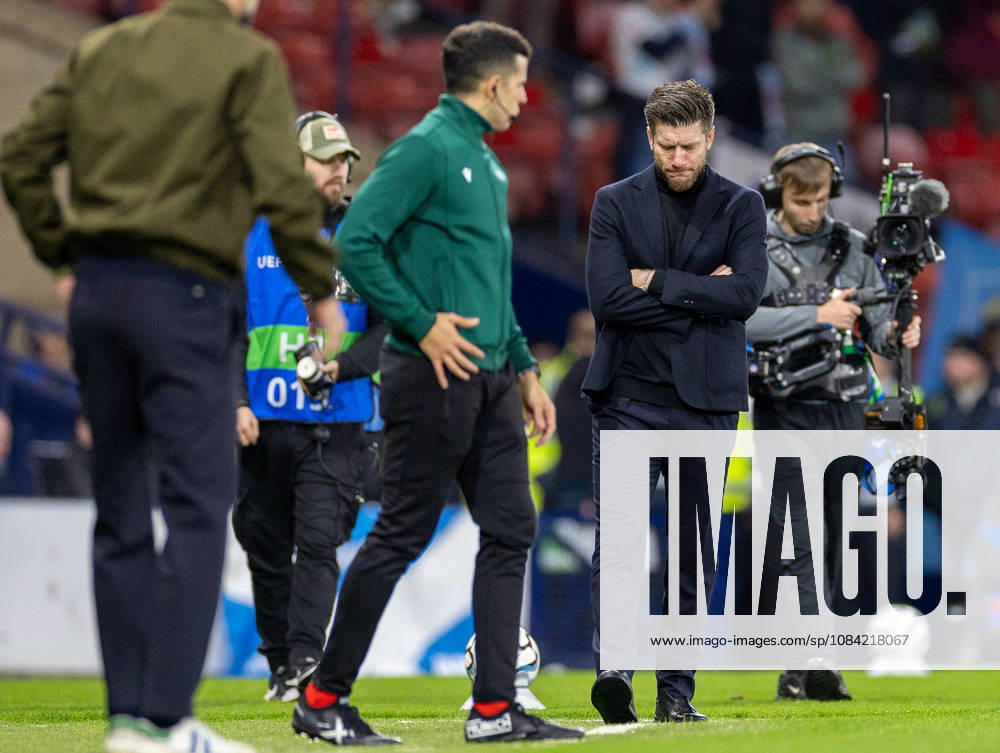 6th October 2026; Hampden Park, Glasgow, Scotland; UEFA Nations League Football, Scotland versus Slovenia; a dejected looking Scotland manager Sebastien Pocognoli VagelisxGeorgariou