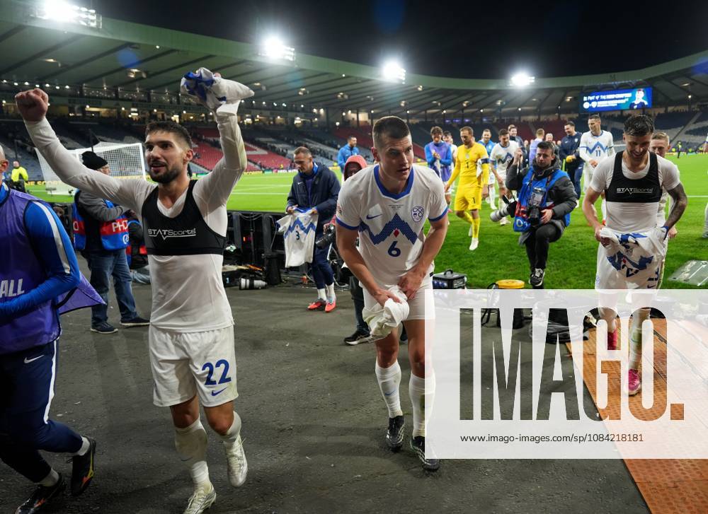 Slovenia players remove their jerseys and shorts amid celebratons at full-time. Final score Scotland 1 Slovenia 2. Scotland v Slovenia, Football, UEFA Nation s League, Group B1, Hampden Park, Glasgow, UK, Hampden Park, Glasgow, Scotland, Scotland, UK - 06 Oct 2026Glasgow Hampden Park Scotland United Kingdom