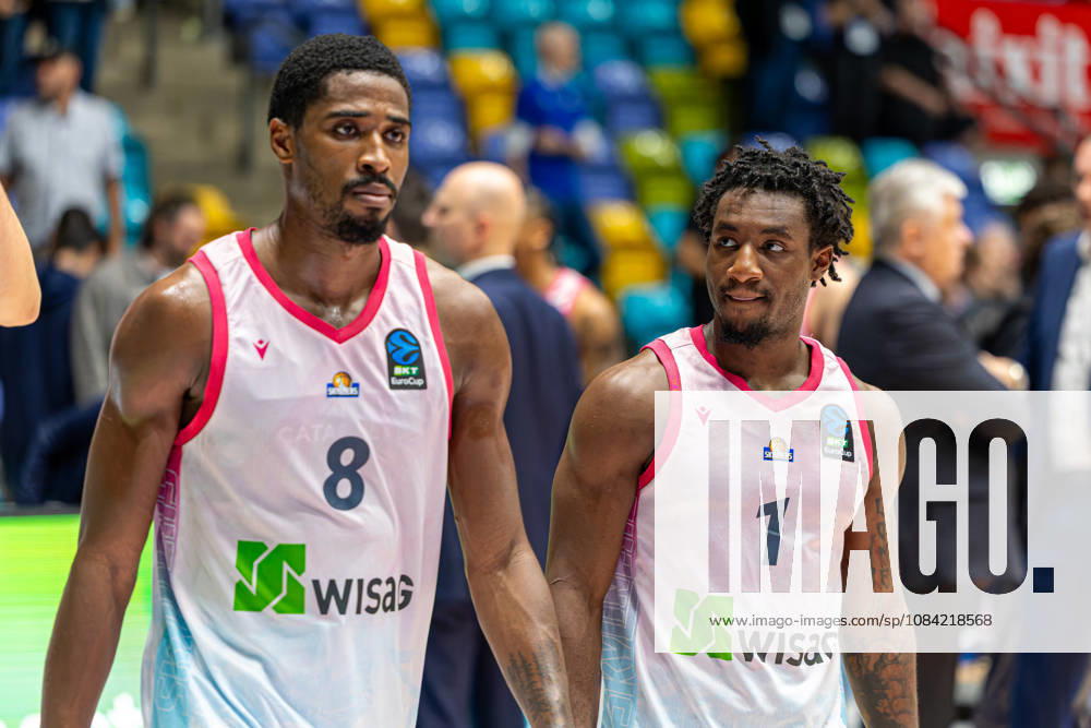 William Christmas (Skyliners Frankfurt, 8) and Isaiah Swope (Skyliners Frankfurt, 1) after the BKT EuroCup 2026 27, match between Frankfurt Skyliners vs. BC Siauliai at Suewag Energie Arena on October 6, 2026 in Frankfurt am Main, Germany. Hessen Germany