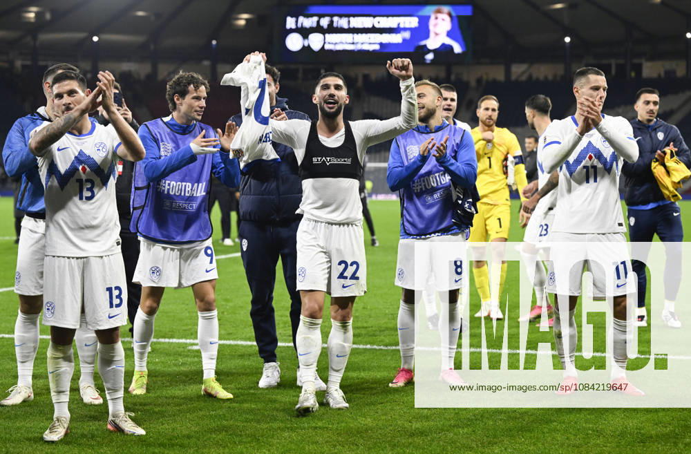 Glasgow, Scotland, 6th October 2026. Adam Gnezda Cerin of Slovenia leads the celebrations after the Scotland vs Slovenia UEFA Nations League match at Hampden Park, Glasgow. Picture credit should read: Neil Hanna Sportimage . SPI_071_NH_Scotland_Slovenia SPI-5054-0071