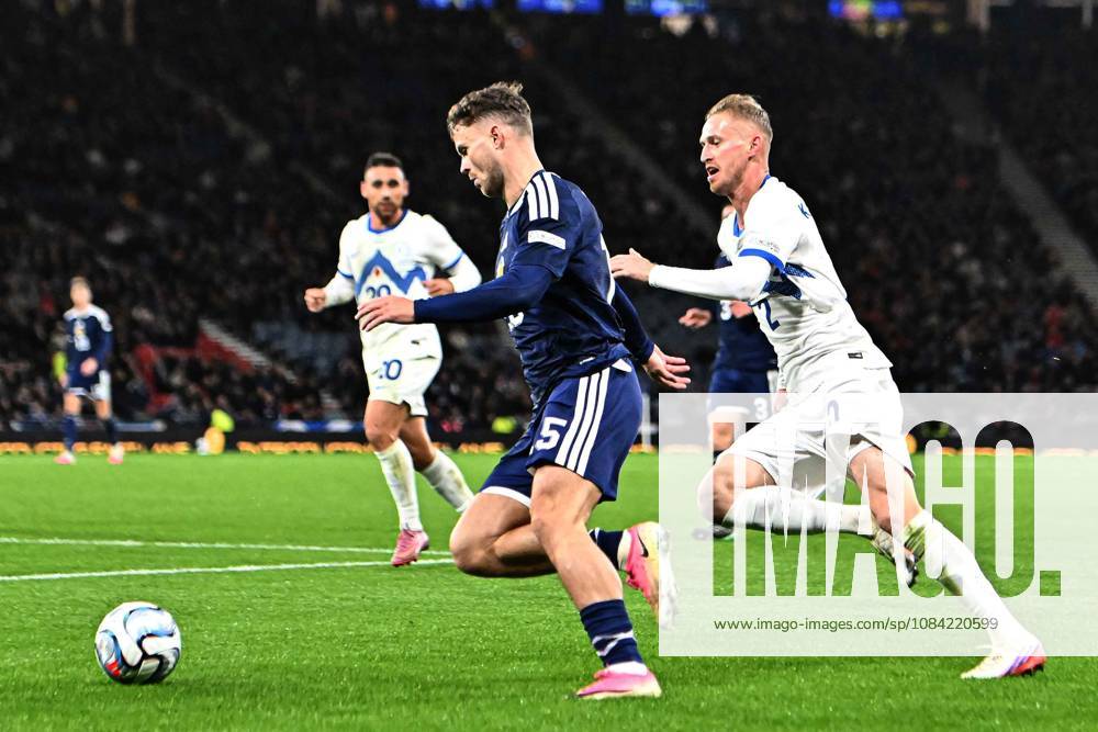 Scotland v Slovenia UEFA Nations League Josh McPake of Scotland and Zan Karnicnik of Slovenia during the UEFA Nations League match at Barclays Hampden, Glasgow 06 10 2026 UK Newspapers OUT