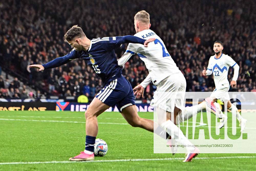 Scotland v Slovenia UEFA Nations League Josh McPake of Scotland is brought down by Zan Karnicnik of Slovenia inside the box during the UEFA Nations League match at Barclays Hampden, Glasgow 06 10 2026 UK Newspapers OUT