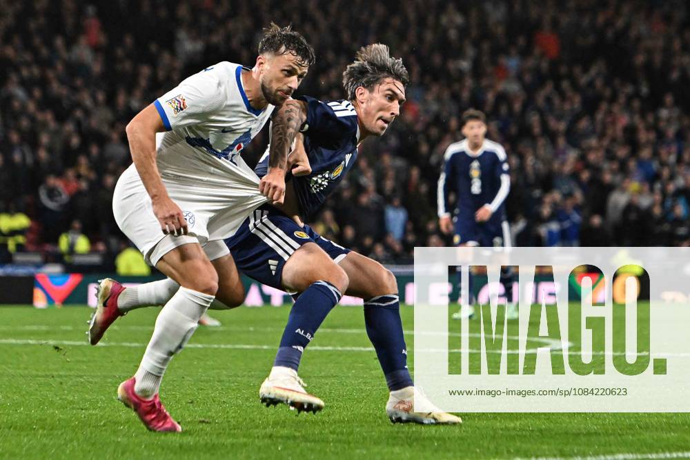 Scotland v Slovenia UEFA Nations League Kieron Bowie of Scotland jostles with David Brekalo of Slovenia during the UEFA Nations League match at Barclays Hampden, Glasgow 06 10 2026 UK Newspapers OUT