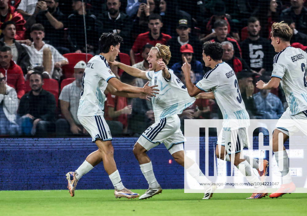 Albania vs San Marino UEFA Nations League 2026-2027 Group C1 Lorenzo Lazzari (C) of San Marino celebrates his goal with teammates during the UEFA Nations League 2026-2027 group phase match between Albania and San Marino in Tirana, Albania on October 6, 2026 Tirana Albania