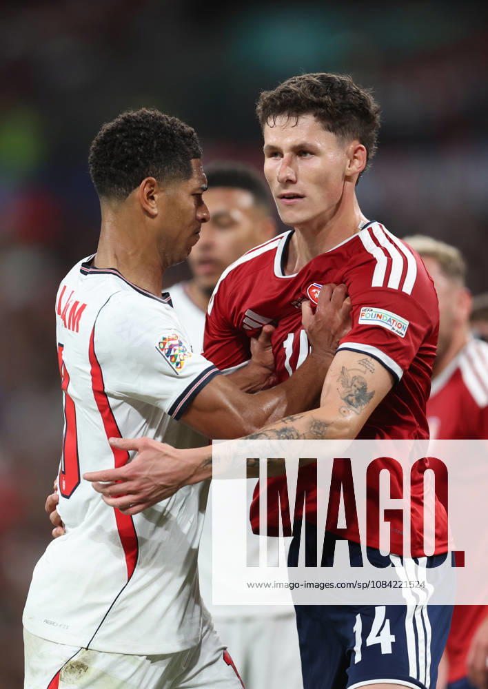 England v Czechia 06 October 2026, London - International Football - UEFA Nations League - England v Czechia - Jude Bellingham of England shoves Martin Vitik of Czechia - Photo: Charlotte Wilson Offside. London UK