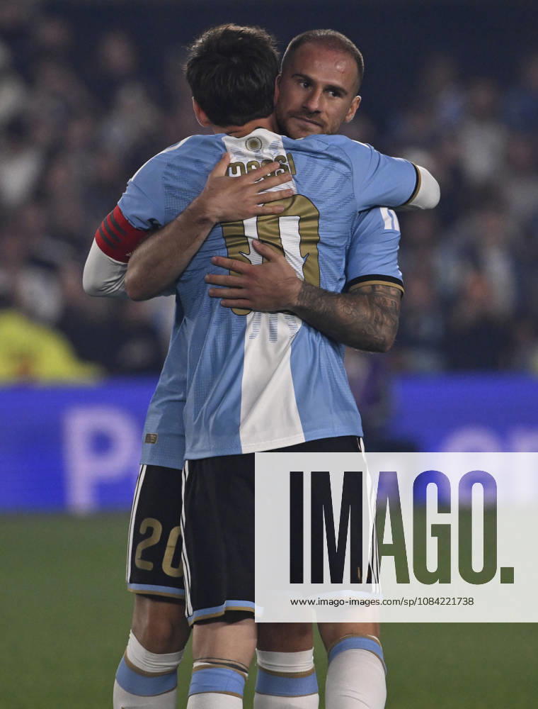 BUENOS AIRES, ARGENTINA - OCTOBER 06 : Forward Lionel Messi 10 of Argentina high-fives teammate Alexis Mac Allister 20 during an International Friendly, Länderspiel, Nationalmannschaft match against Benin at Estadio Monumental on October 06, 2026 in Buenos Aires, Argentina. This historic match marks the final international appearance who wore a commemorative special-edition kit replacing the traditional manufacturer branding with his personal signature logo. Photo by SFSI Argentina national team, Nationalteam v Benin