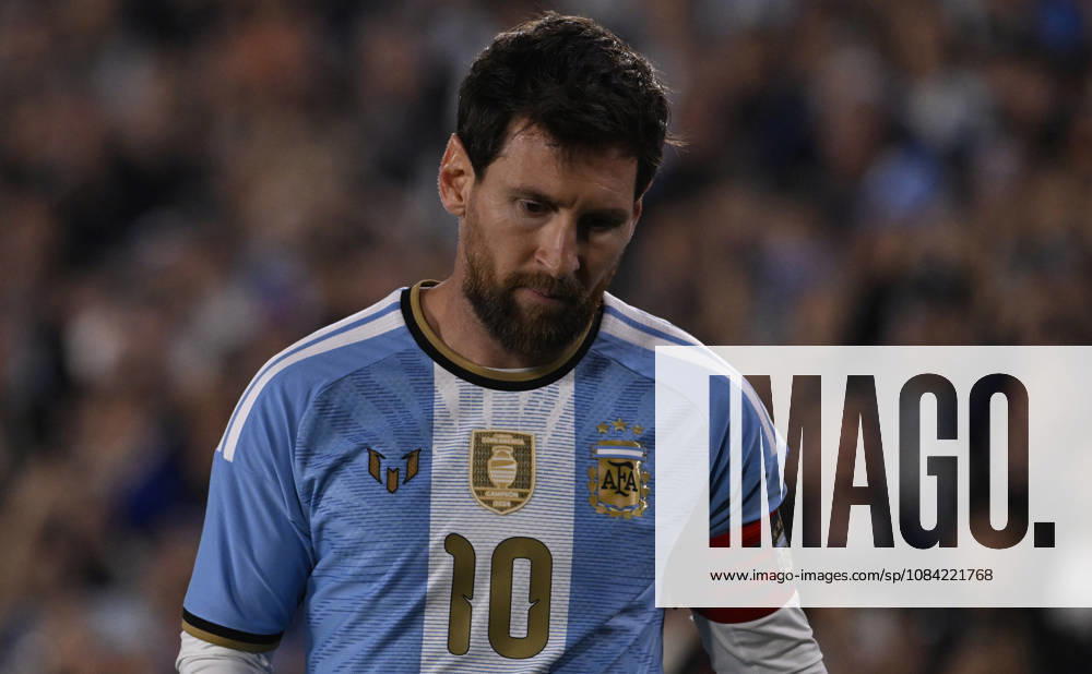 BUENOS AIRES, ARGENTINA - OCTOBER 06 : Lionel Messi of Argentina national team, Nationalteam head down during an International Friendly, Länderspiel, Nationalmannschaft match against Benin at Estadio Monumental on October 06, 2026 in Buenos Aires, Argentina. This historic match marks the final international appearance for Leo who wore a commemorative special-edition kit replacing the traditional manufacturer branding with his personal signature logo. Photo by SFSI Argentina National team v Benin