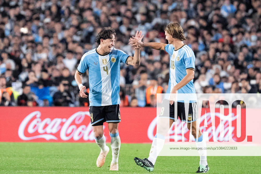 Nico Paz of Argentina (R) celebrates after scoring the team s second goal with Agustin Giay of Argentina (L) during the International Friendly, Länderspiel, Nationalmannschaft football match between Argentina and Benin at Estadio Monumental Antonio V. Liberti on October 06, 2026 in Buenos Aires, Argentina. (Photo by Richard Callis Sports Press Photo)