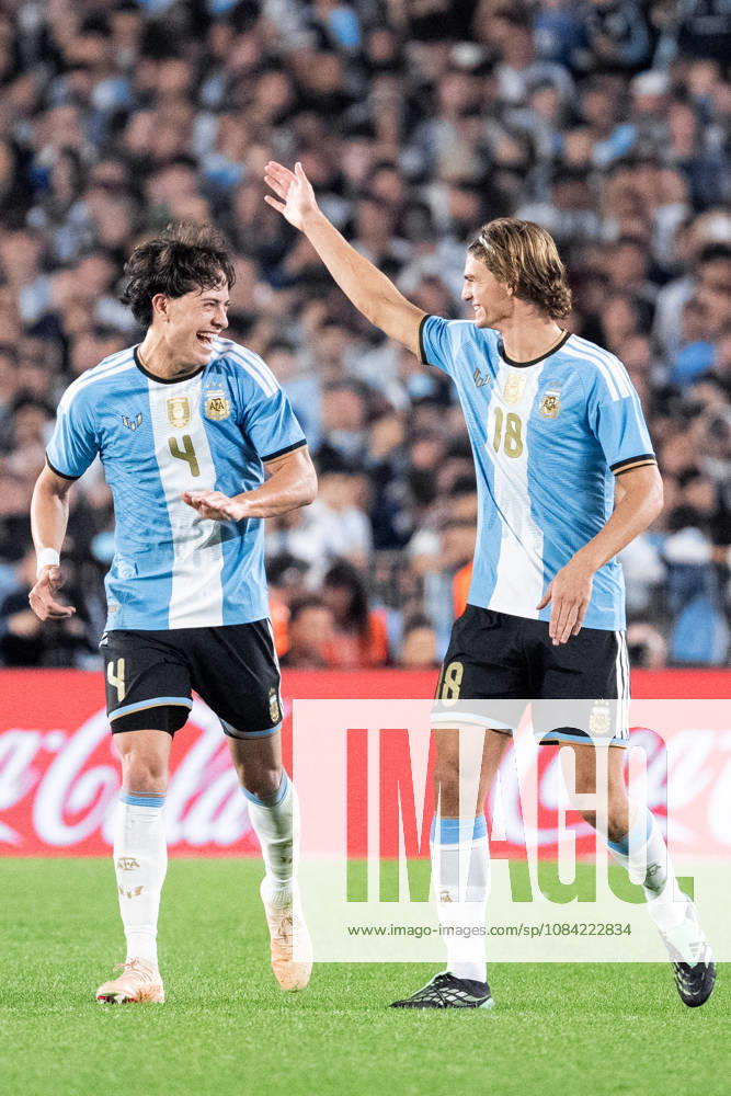 Nico Paz of Argentina (R) celebrates after scoring the team s second goal with Agustin Giay of Argentina (L) during the International Friendly, Länderspiel, Nationalmannschaft football match between Argentina and Benin at Estadio Monumental Antonio V. Liberti on October 06, 2026 in Buenos Aires, Argentina. (Photo by Richard Callis Sports Press Photo)