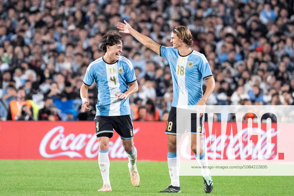 Nico Paz of Argentina (R) celebrates after scoring the team s second goal with Agustin Giay of Argentina (L) during the International Friendly, Länderspiel, Nationalmannschaft football match between Argentina and Benin at Estadio Monumental Antonio V. Liberti on October 06, 2026 in Buenos Aires, Argentina. (Photo by Richard Callis Sports Press Photo)