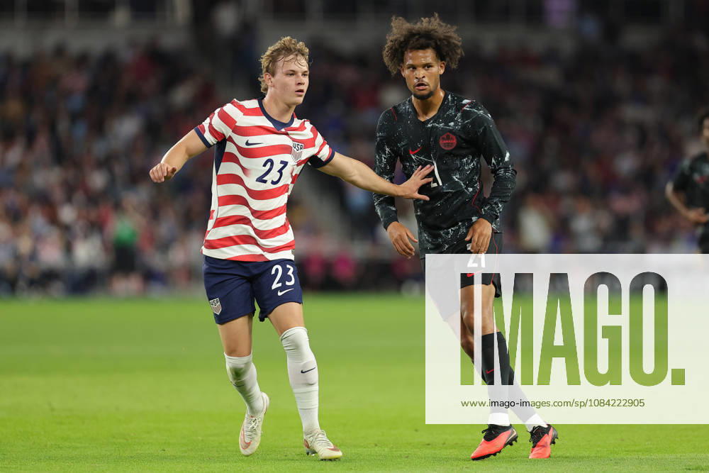 SAINT PAUL, MN - OCTOBER 06: United States Joe Scally (23) and Canadas Jonathan Osorio (21) battle for position during the second half of the mens friendly match between the U.S. national team, Nationalteam and Canadas national team on October 6th, 2026, at Allianz Field in Saint Paul, MN. (Photo by Bailey Hillesheim Icon Sportswire) SOCCER: OCT 06 USA vs Canada Icon20261006026