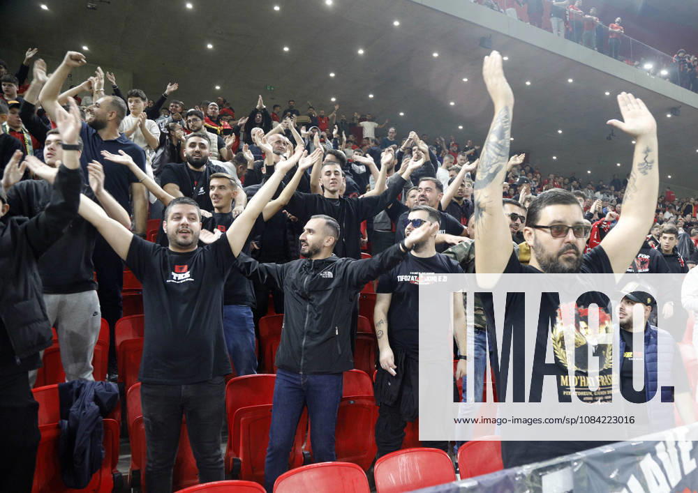 UEFA Nations League Qualifier Albania vs San Marino in Tirana, Albania. Albanian fans cheer prior the UEFA Nations League Group C match between Albania and Belarus at Air Albania Stadium in Tirana, Albania, on October 6, 2026. Light Studio Agency Malton Dibra Tirana Albania