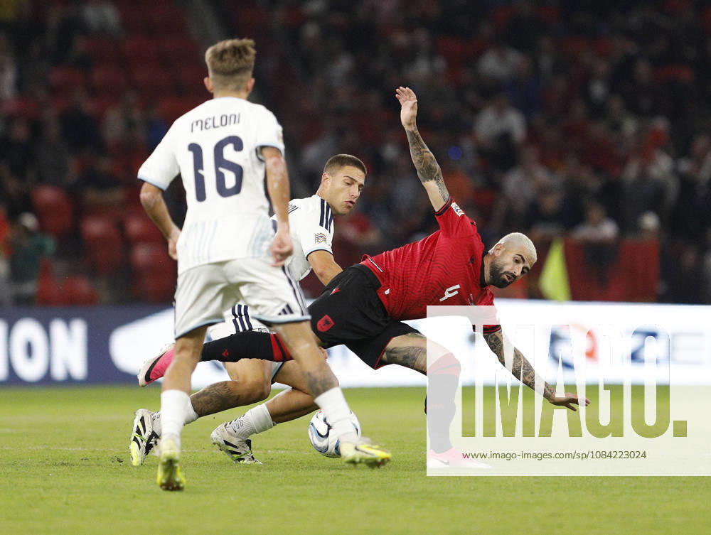 UEFA Nations League Qualifier Albania vs San Marino in Tirana, Albania. Elseid Hysaj of Albania (R) fights for the ball with Samuele Zannoni (C) of San Marino during the UEFA Nations League Group C match between Albania and Belarus at Air Albania Stadium in Tirana, Albania, on October 6, 2026. Light Studio Agency Malton Dibra Tirana Albania