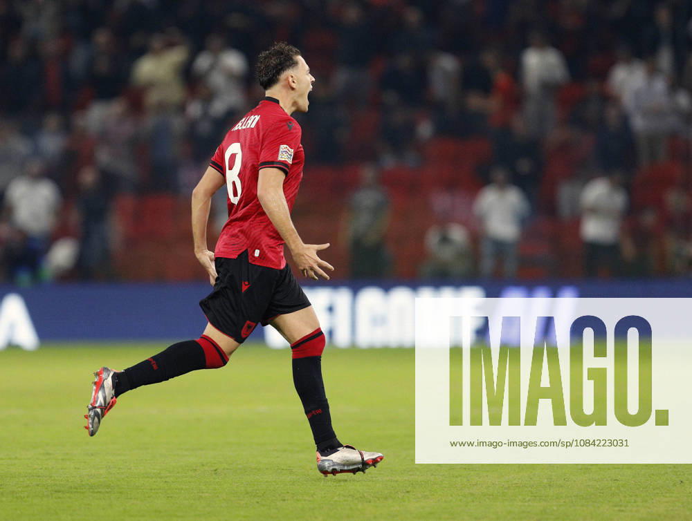 UEFA Nations League Qualifier Albania vs San Marino in Tirana, Albania. Kristjan Asllani of Albania celebrates his first goal during the UEFA Nations League Group C match between Albania and Belarus at Air Albania Stadium in Tirana, Albania, on October 6, 2026. Light Studio Agency Malton Dibra Tirana Albania
