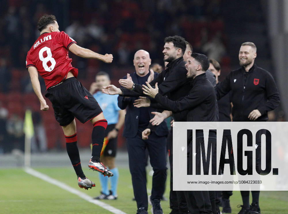 UEFA Nations League Qualifier Albania vs San Marino in Tirana, Albania. Kristjan Asllani of Albania and Albania head coach Italian Rolando Maran celebrate the first goal during the UEFA Nations League Group C match between Albania and Belarus at Air Albania Stadium in Tirana, Albania, on October 6, 2026. Light Studio Agency Malton Dibra Tirana Albania