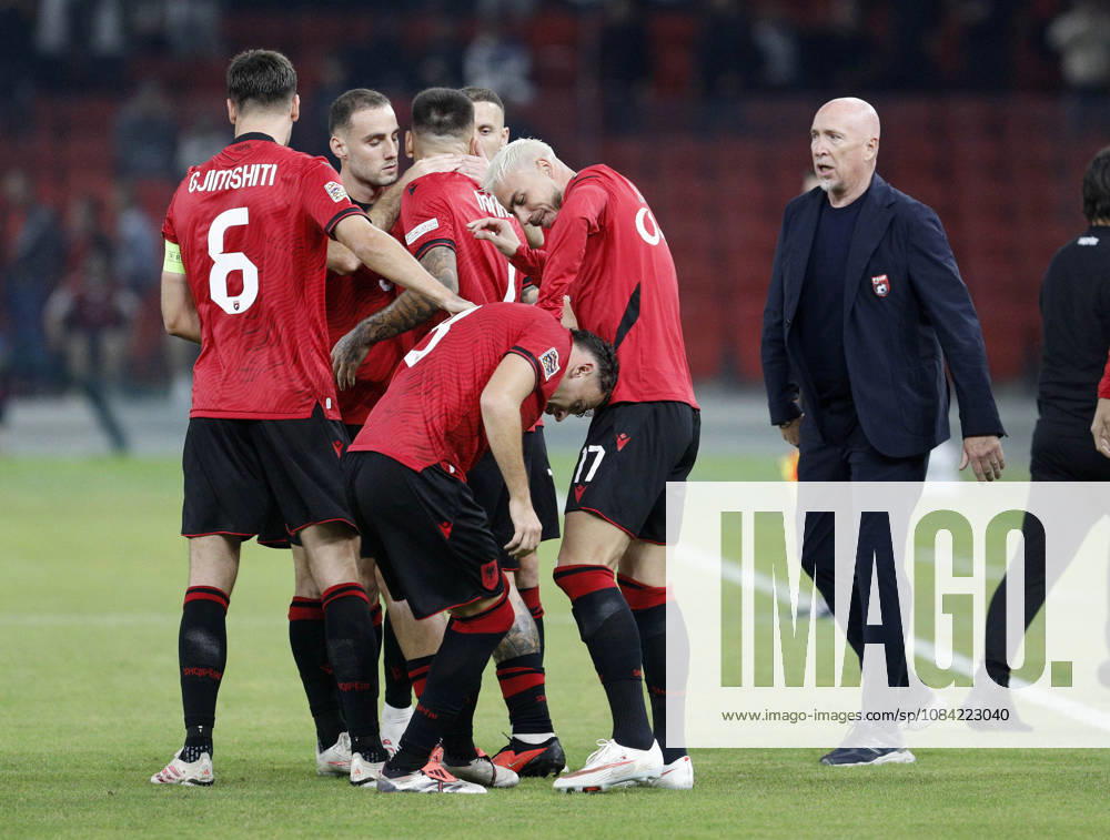 UEFA Nations League Qualifier Albania vs San Marino in Tirana, Albania. Albanian players and Albania head coach Italian Rolando Maran celebrate the first goal during the UEFA Nations League Group C match between Albania and Belarus at Air Albania Stadium in Tirana, Albania, on October 6, 2026. Light Studio Agency Malton Dibra Tirana Albania