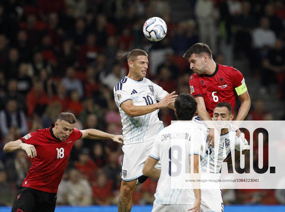 UEFA Nations League Qualifier Albania vs San Marino in Tirana, Albania. Berat Djimsiti of Albania (R) and Samuele Zannoni of San Marino (L) jump for the ball during the UEFA Nations League Group C match between Albania and Belarus at Air Albania Stadium in Tirana, Albania, on October 6, 2026. Light Studio Agency Malton Dibra Tirana Albania