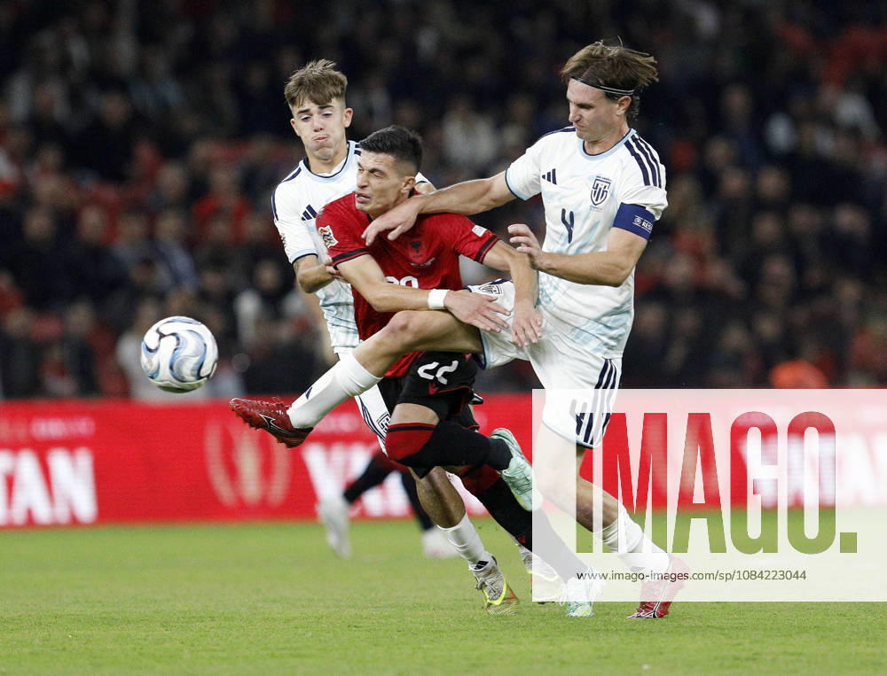 UEFA Nations League Qualifier Albania vs San Marino in Tirana, Albania. Stavro Pilo of Albania (C) and Filippo Fabbri (R) and Cristian Meloni (L) of San Marino fight for the ball during the UEFA Nations League Group C match between Albania and Belarus at Air Albania Stadium in Tirana, Albania, on October 6, 2026. Light Studio Agency Malton Dibra Tirana Albania
