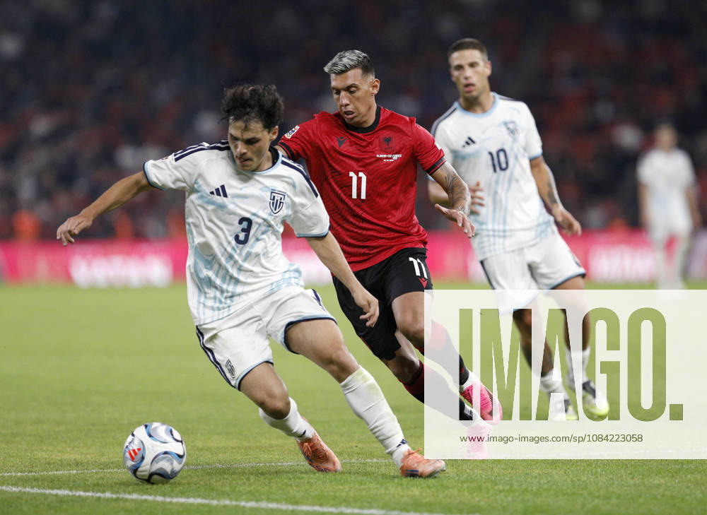 UEFA Nations League Qualifier Albania vs San Marino in Tirana, Albania. Myrto Uzuni of Albania (C) and Samuele Zannoni (R) and Simone Giocondi (L) of San Marino (R) fight for the ball during the UEFA Nations League Group C match between Albania and Belarus at Air Albania Stadium in Tirana, Albania, on October 6, 2026. Light Studio Agency Malton Dibra Tirana Albania