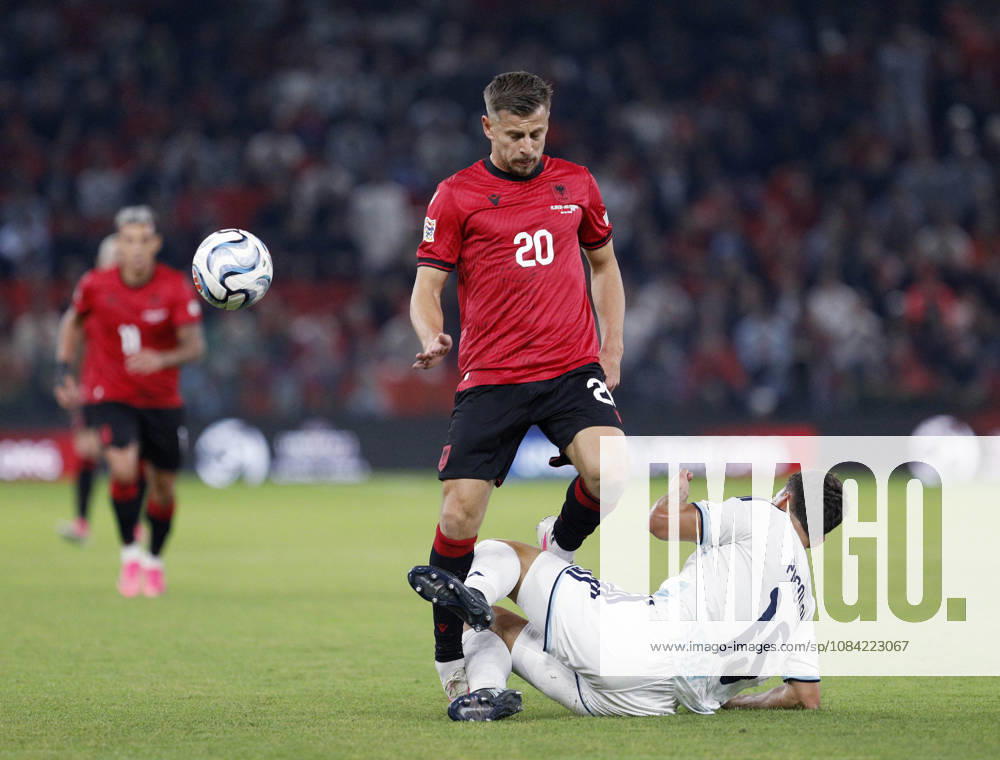 UEFA Nations League Qualifier Albania vs San Marino in Tirana, Albania. Ylber Ramadani of Albania (L) and Marco Pasolini of San Marino (R) fight for the ball during the UEFA Nations League Group C match between Albania and Belarus at Air Albania Stadium in Tirana, Albania, on October 6, 2026. Light Studio Agency Malton Dibra Tirana Albania
