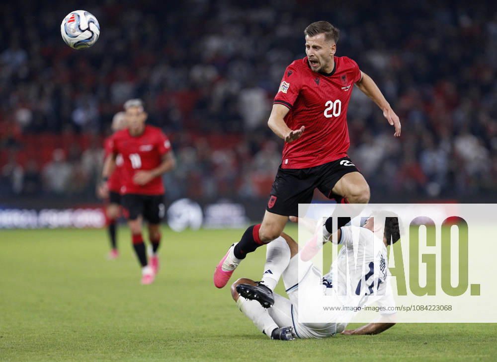 UEFA Nations League Qualifier Albania vs San Marino in Tirana, Albania. Ylber Ramadani of Albania (L) and Marco Pasolini of San Marino (R) fight for the ball during the UEFA Nations League Group C match between Albania and Belarus at Air Albania Stadium in Tirana, Albania, on October 6, 2026. Light Studio Agency Malton Dibra Tirana Albania
