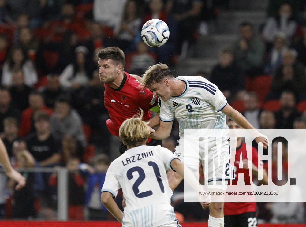 UEFA Nations League Qualifier Albania vs San Marino in Tirana, Albania. Berat Djimsiti of Albania (L) and Giacomo Benvenuti of San Marino (R) fight for the ball during the UEFA Nations League Group C match between Albania and Belarus at Air Albania Stadium in Tirana, Albania, on October 6, 2026. Light Studio Agency Malton Dibra Tirana Albania