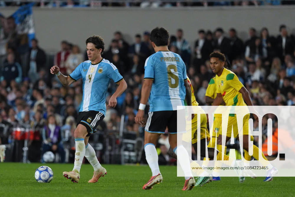 Messi bade farewell to Argentina in the friendly match against Benin BUENOS AIRES, ARGENTINA - OCTOBER 6: Agustín Giay (4) of Argentina in action during the friendly match between Argentina and Benin in Buenos Aires, Argentina on October 6, 2026. Argentine football legend and national team, Nationalteam captain Lionel Messi goodbye to the crowd during his farewell match in front of over 80,000 spectators at the Monumental Stadium. Argentine football star Lionel Messi played his final international match, Länderspiel, Nationalmannschaft in the friendly game between Argentina and Benin. The 39-year-old walk onto the stadium pitch for the final time in the sky-blue and white jersey, entering his farewell as Argentina s record appearance-maker and leading scorer with 207 caps and 125 goals. Luciano Gonzalez Anadolu Buenos Aires Argentina. Editorial use only. Please get in touch for any other usage.