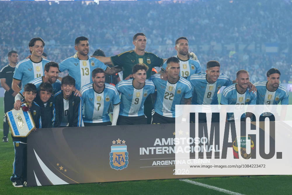 Messi bade farewell to Argentina in the friendly match against Benin BUENOS AIRES, ARGENTINA - OCTOBER 6: Argentine football legend and national team, Nationalteam captain Lionel Messi poses for the team photo before his farewell match in front of over 80,000 spectators at the Monumental Stadium, in Buenos Aires, Argentina on October 6, 2026. Argentine football star Lionel Messi played his final international match, Länderspiel, Nationalmannschaft in the friendly game between Argentina and Benin. The 39-year-old walk onto the stadium pitch for the final time in the sky-blue and white jersey, entering his farewell as Argentina s record appearance-maker and leading scorer with 207 caps and 125 goals. Luciano Gonzalez Anadolu Buenos Aires Argentina. Editorial use only. Please get in touch for any other usage.