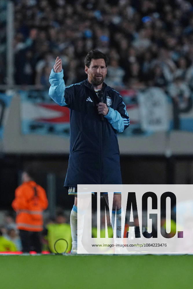 Messi bade farewell to Argentina in the friendly match against Benin BUENOS AIRES, ARGENTINA - OCTOBER 6: Argentine football legend and national team, Nationalteam captain Lionel Messi bids farewell to fans at the end of the his farewell match in front of over 80,000 spectators at the Monumental Stadium, in Buenos Aires, Argentina on October 6, 2026. Argentine football star Lionel Messi played his final international match, Länderspiel, Nationalmannschaft in the friendly game between Argentina and Benin. The 39-year-old walk onto the stadium pitch for the final time in the sky-blue and white jersey, entering his farewell as Argentina s record appearance-maker and leading scorer with 207 caps and 125 goals. Luciano Gonzalez Anadolu Buenos Aires Argentina. Editorial use only. Please get in touch for any other usage.