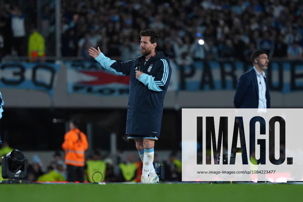 Messi bade farewell to Argentina in the friendly match against Benin BUENOS AIRES, ARGENTINA - OCTOBER 6: Argentine football legend and national team, Nationalteam captain Lionel Messi bids farewell to fans at the end of the his farewell match in front of over 80,000 spectators at the Monumental Stadium, in Buenos Aires, Argentina on October 6, 2026. Argentine football star Lionel Messi played his final international match, Länderspiel, Nationalmannschaft in the friendly game between Argentina and Benin. The 39-year-old walk onto the stadium pitch for the final time in the sky-blue and white jersey, entering his farewell as Argentina s record appearance-maker and leading scorer with 207 caps and 125 goals. Luciano Gonzalez Anadolu Buenos Aires Argentina. Editorial use only. Please get in touch for any other usage.