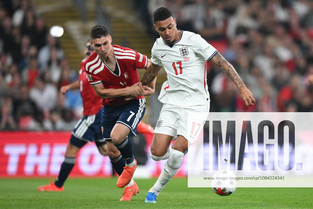 England v Czechia - UEFA Nations League 2026 27 Group A3 MD4 Morgan Rogers of England is put under pressure by Jiri Slama of Czechia during the UEFA Nations League League A, Group 3 match between England and Czechia at Wembley Stadium in London, on October 6, 2026. London Greater London United Kingdom