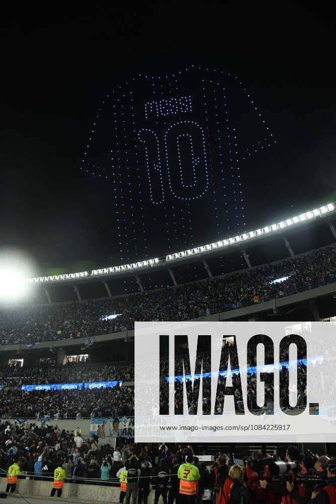 firework and drone light show during the Lionel Messi of Argentina addresses, speak to the crowd after his final international appearance the International Friendly, Länderspiel, Nationalmannschaft match between Argentina and Benin at Estadio Mas Monumental on October 06, 2026 in Buenos Aires, Argentina. Photo by SFSI Argentina national team, Nationalteam v Benin