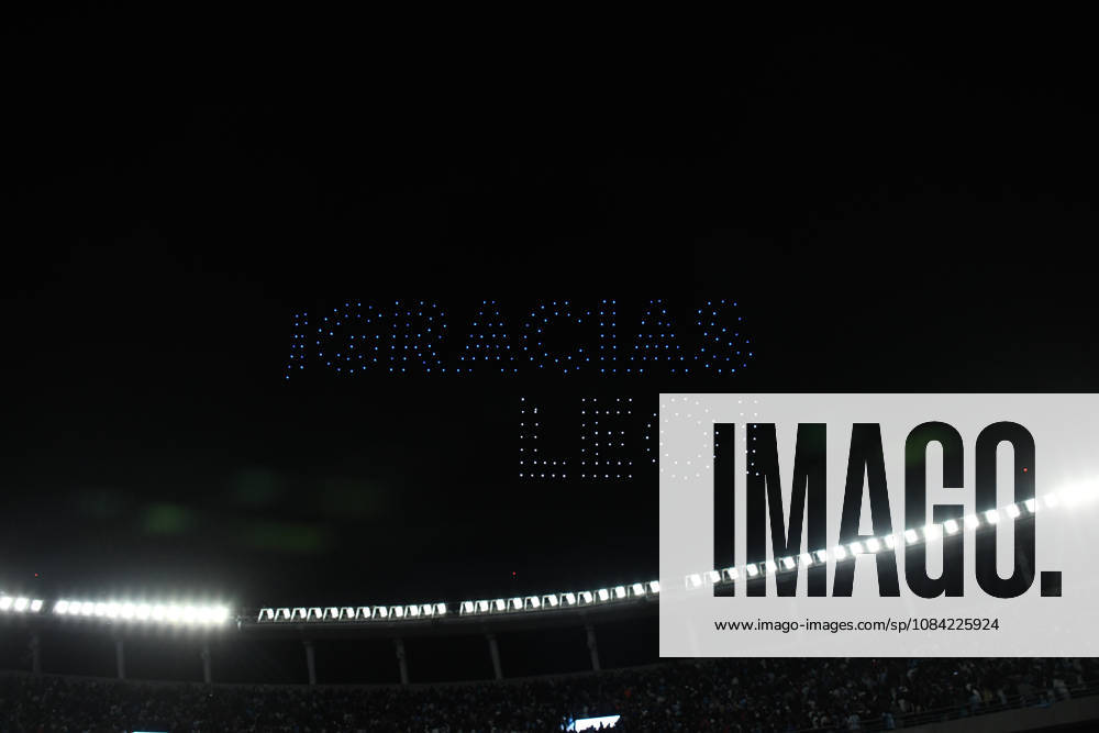 firework and drone light show during the Lionel Messi of Argentina addresses, speak to the crowd after his final international appearance the International Friendly, Länderspiel, Nationalmannschaft match between Argentina and Benin at Estadio Mas Monumental on October 06, 2026 in Buenos Aires, Argentina. Photo by SFSI Argentina national team, Nationalteam v Benin