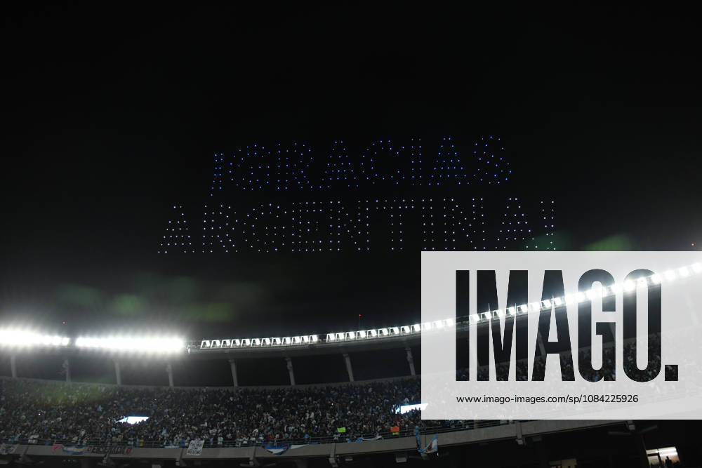 firework and drone light show during the Lionel Messi of Argentina addresses, speak to the crowd after his final international appearance the International Friendly, Länderspiel, Nationalmannschaft match between Argentina and Benin at Estadio Mas Monumental on October 06, 2026 in Buenos Aires, Argentina. Photo by SFSI Argentina national team, Nationalteam v Benin